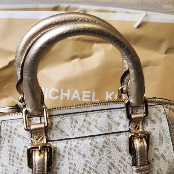 New Michael Kors Gold Ciara Eva Nylon Medium Cross Body Messenger Tall Zip Tote - Picture 11 of 15